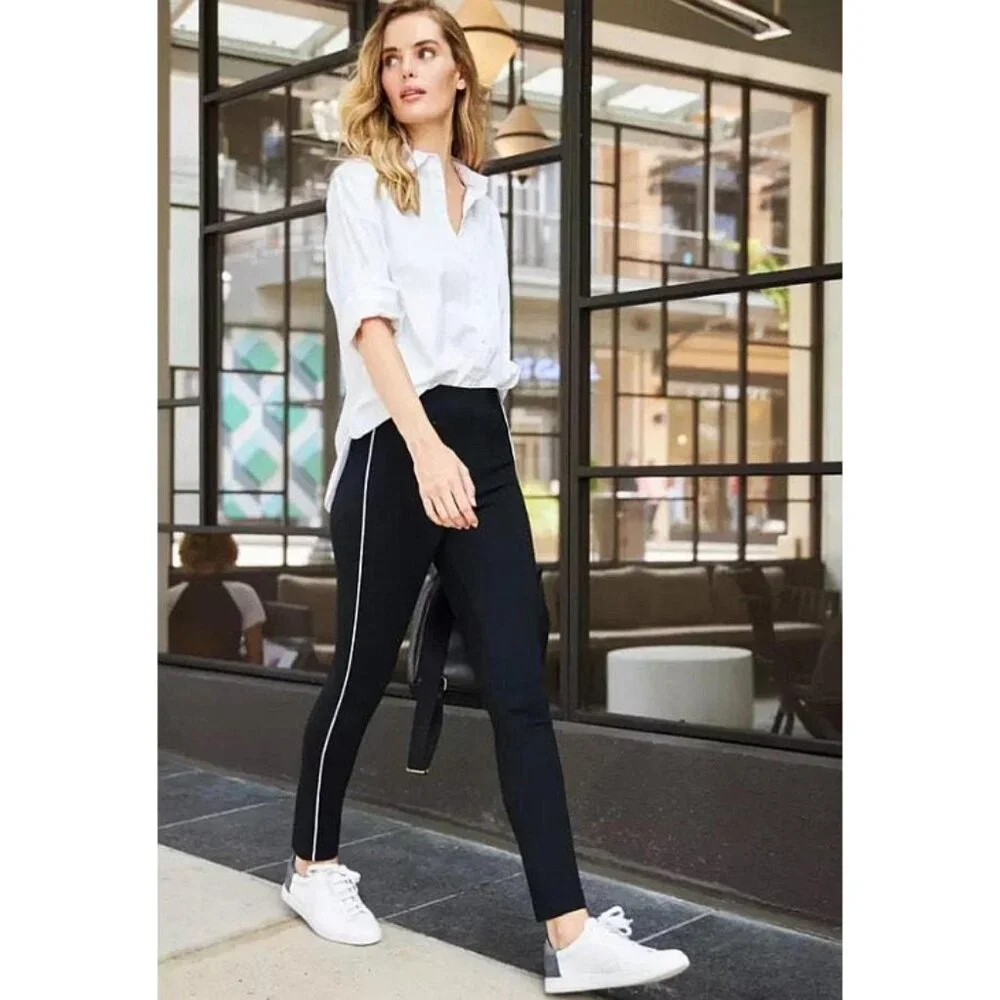Spanx Perfect Pant Ankle Piped Skinny Classic Black Zipper Pockets Edgy Ponte S